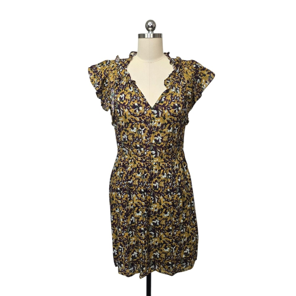 Othilia Women Mustard Plum Botanical Floral Ruffle V-Neck Flutter Sleeve Dress